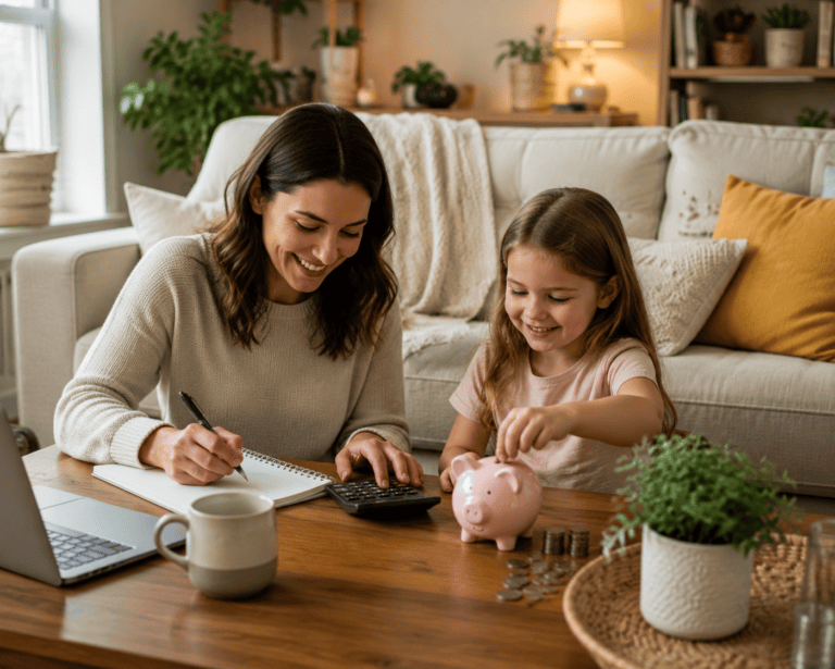 Mother and daughter smiling together while saving coins in a cozy living room