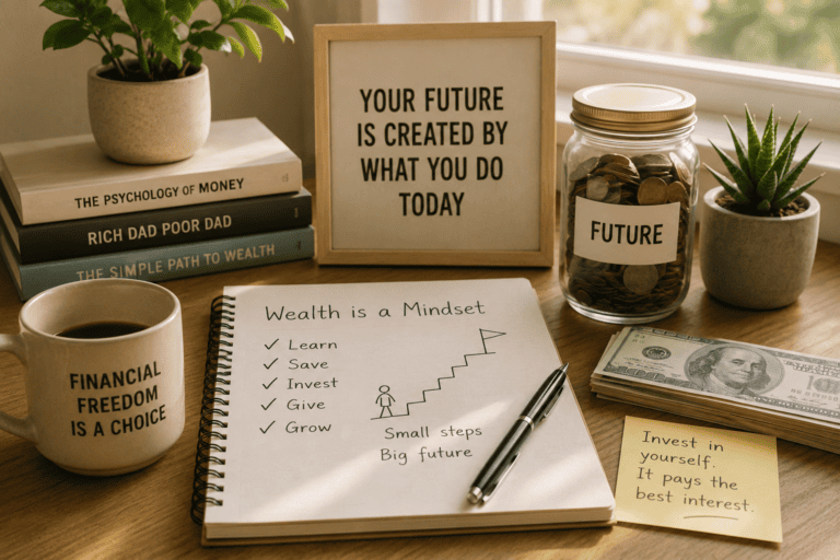 A thoughtfully arranged desk with books, notes and a jar saved for the future