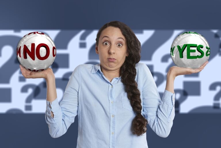 Woman torn between two choices, holding "no" and "yes" signs