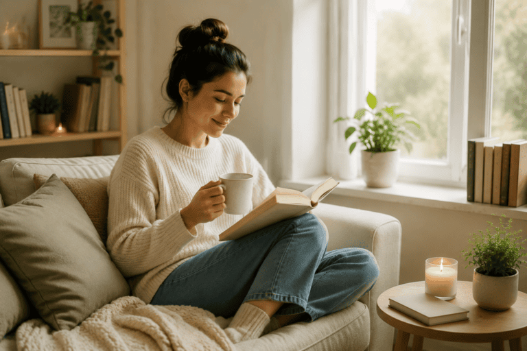 Woman relaxing with a book by a sunny window