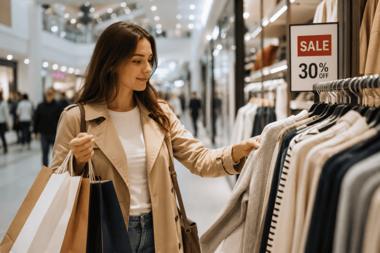 Woman browsing a sale rack with shopping bags in a busy mall