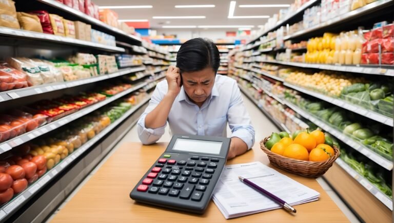 Man holding his head in frustration while calculating grocery costs
