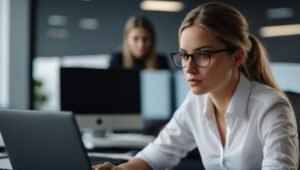 Woman focused on laptop starting affiliate marketing from scratch