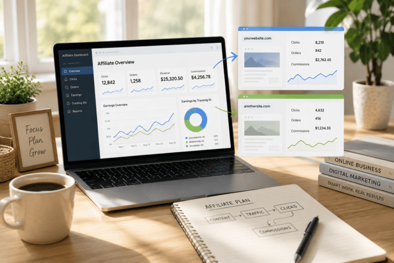 Desk dashboard setup for tracking Amazon affiliate earnings across websites